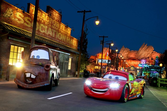 Mater and Lightning McQueen from Cars in Radiator Springs at night