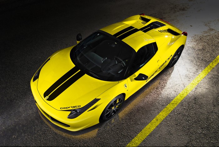 Yellow Ferrari 458 Italia Spider with Black Stripes