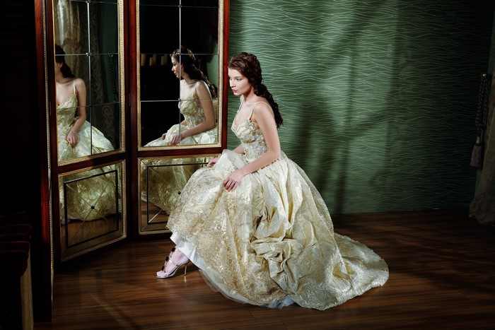 Brunette Girl in Elegant Dress with Mirror Reflection 4K