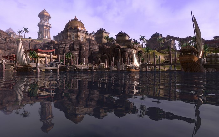 The Elder Scrolls Online harbor with boats and buildings