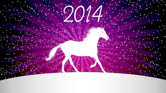 White horse silhouette with 2014 text and snow