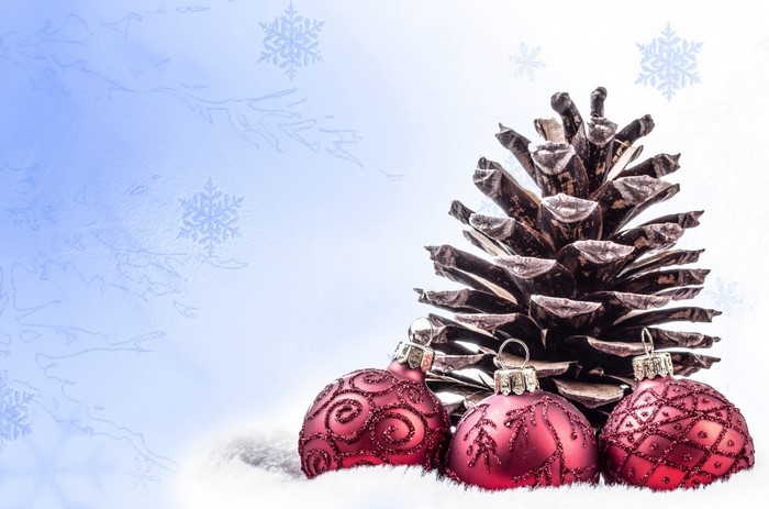Christmas pine cone and ornaments on snow