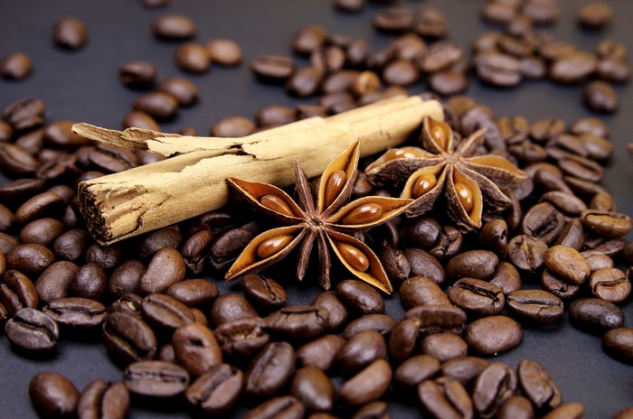 Coffee beans with cinnamon and star anise