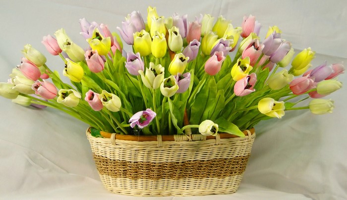 Basket of colorful tulips