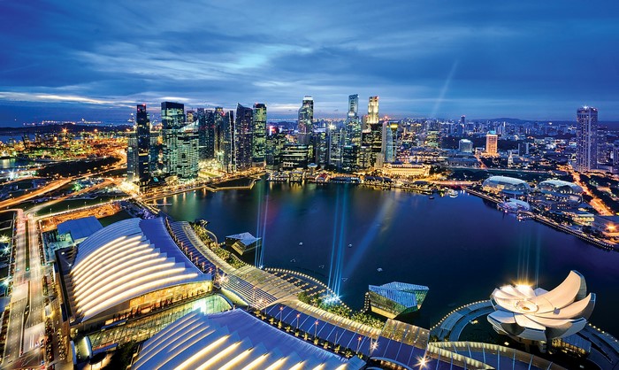 Singapore skyline at dusk with Marina Bay Sands