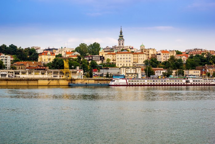 Belgrade, Serbia cityscape with river and cruise ship