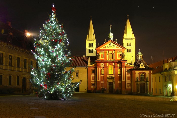 Christmas Tree and Church in Prague at Night