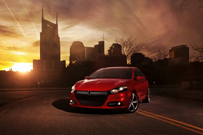 Red Dodge Dart in Nashville at Sunset