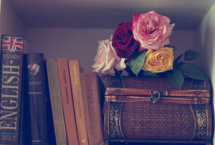 Roses and books on a shelf