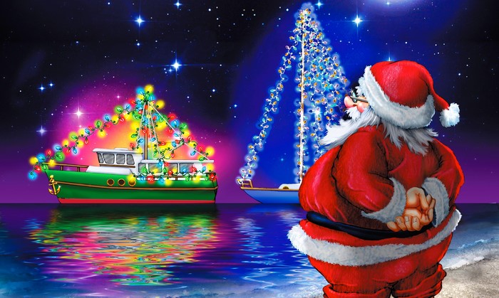 Santa Claus watching boats decorated with Christmas lights