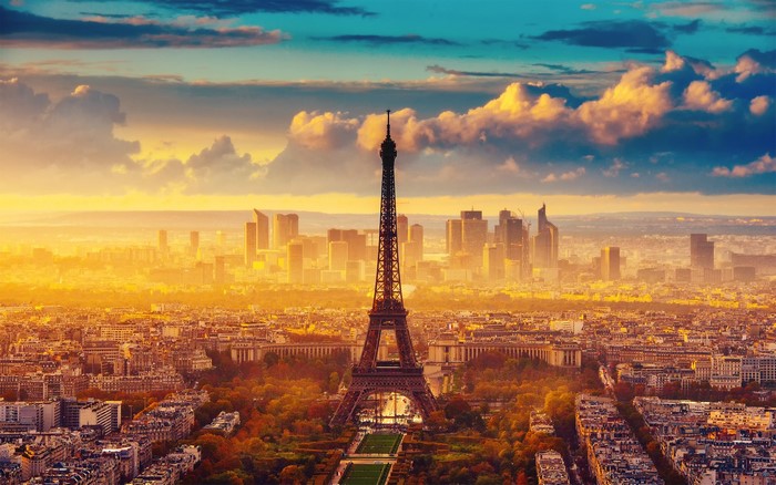Eiffel Tower and Paris skyline at sunset
