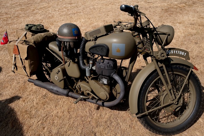 BSA M20 military motorcycle with helmet and bags