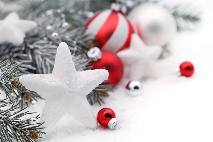 Christmas ornaments and pine branches with snow