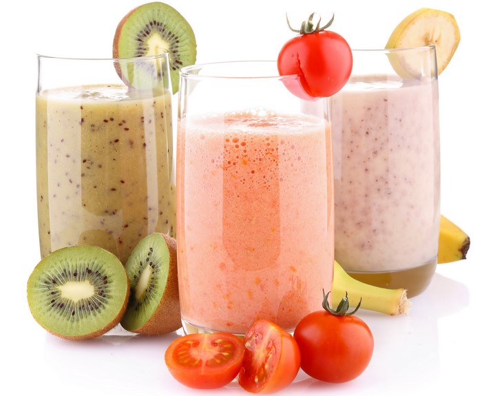 Kiwi, Tomato, and Banana Smoothies in Glasses