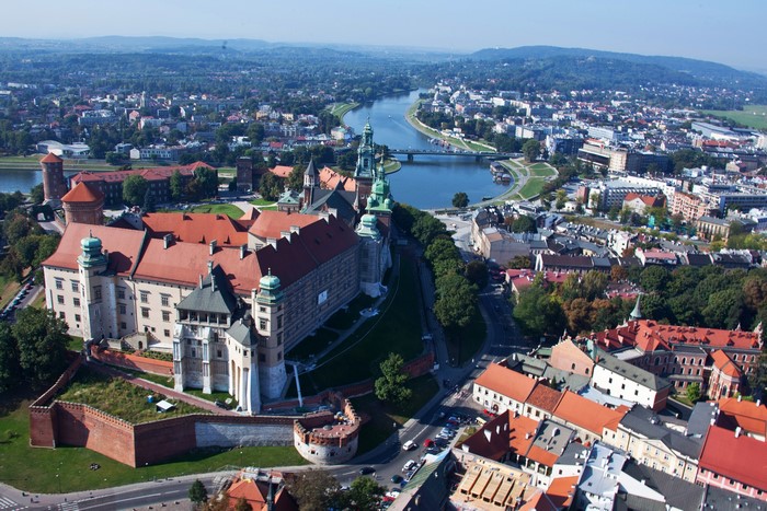 Wawel Castle and Krakow cityscape from above