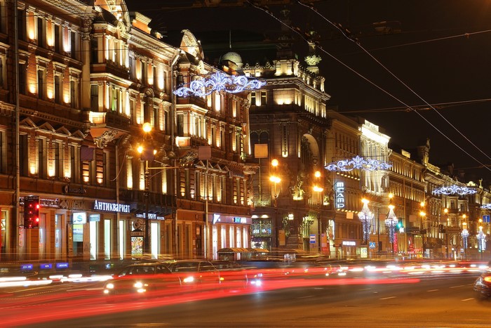 Night street in St. Petersburg with light trails
