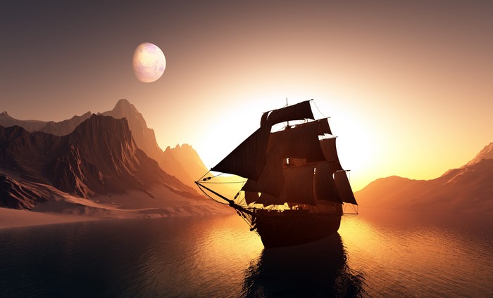 Sailing Ship under a Large Moon