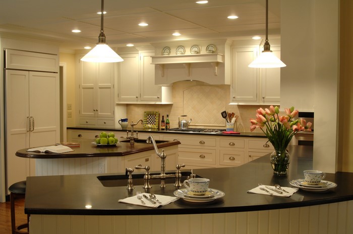 Kitchen Interior with Pendant Lamps and Tulips