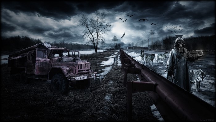 Post-apocalyptic scene with a person in a gas mask and wolves