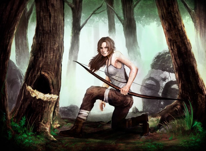Lara Croft from Tomb Raider with a bow in a forest