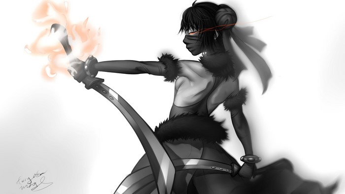 Warrior with mask and sabre wielding fire
