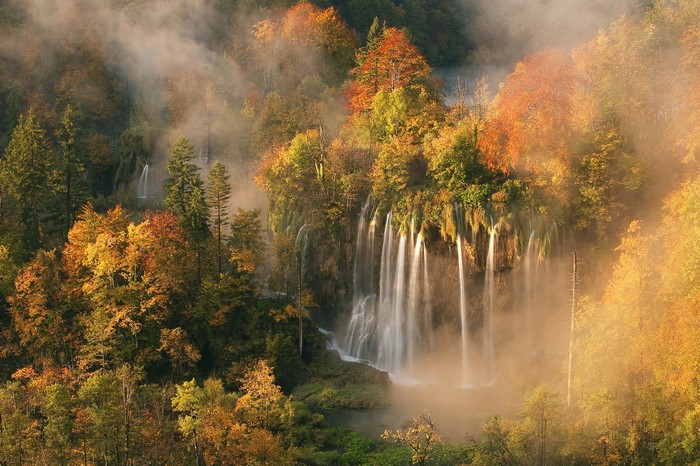 Waterfalls and autumn forest in Plitvice Lakes, Croatia