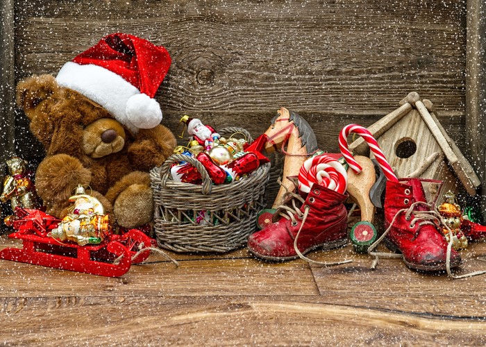 Christmas Toys with Teddy Bear and Santa Hat
