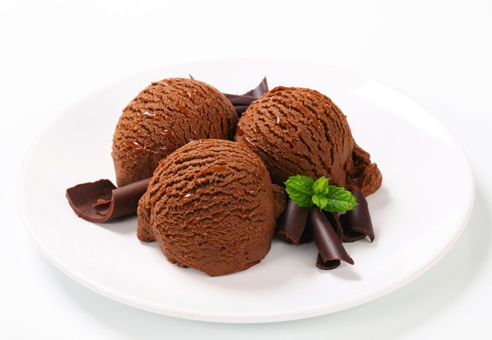 Chocolate ice cream scoops with chocolate curls and mint