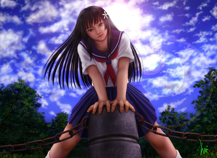 Anime girl in school uniform holding a chain post