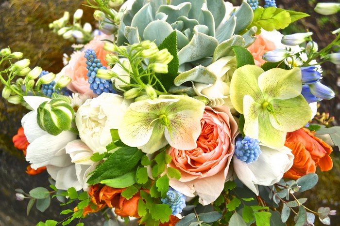 Close-up of a colorful floral bouquet with roses and succulents