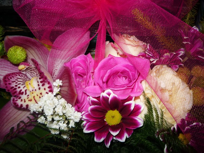 Pink Orchid, Roses, and Chrysanthemums Bouquet