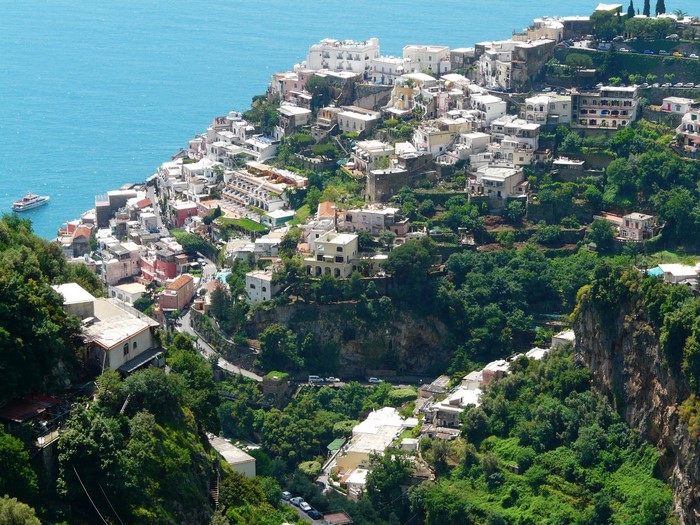 Positano, Italy houses on a steep coast overlooking the sea