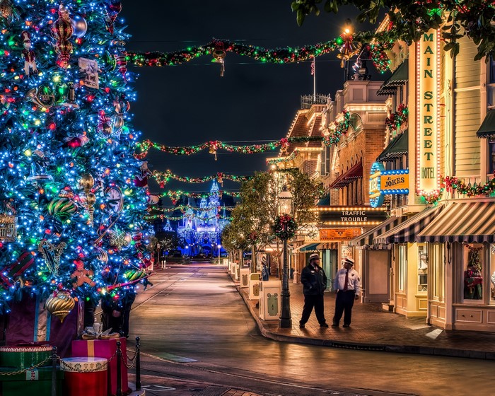 Disneyland Main Street USA at Christmas at Night