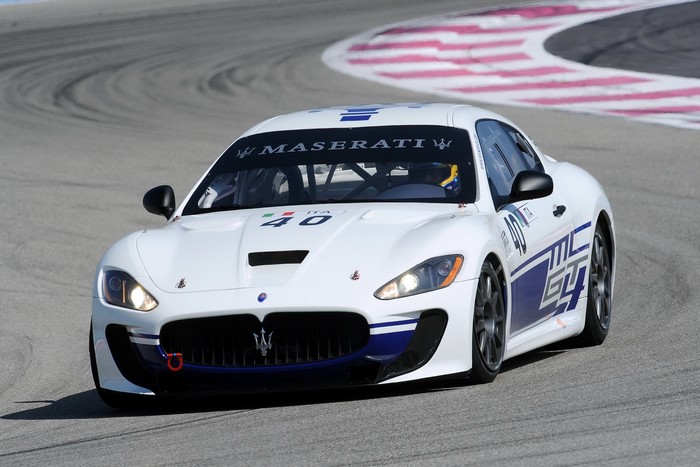 White Maserati Gran Turismo MC GT4 race car on track