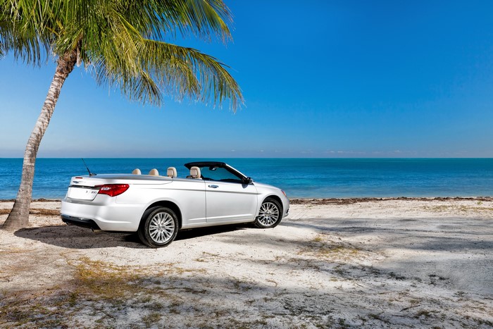 White Chrysler 200 Convertible on a Beach
