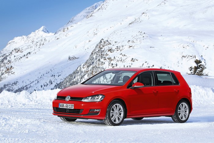 Red Volkswagen Golf VII 4 Motion in Winter