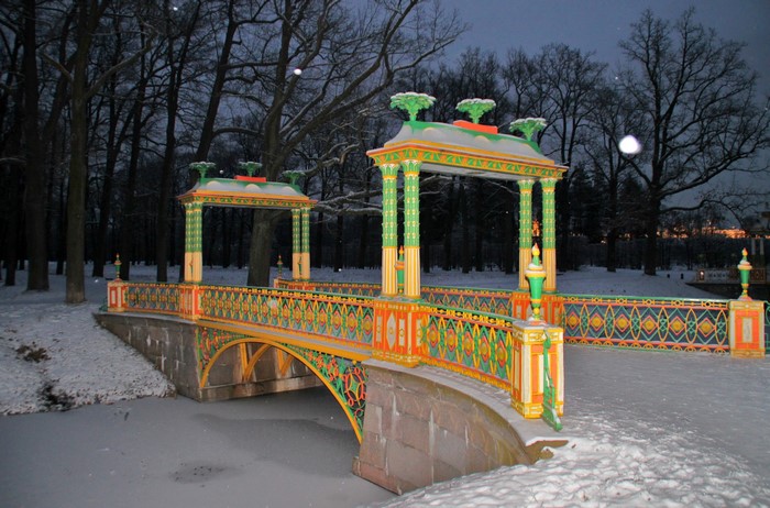Chinese Bridge in Winter Park, St. Petersburg, Russia