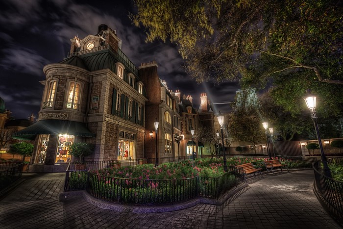 French-style building at night in a park