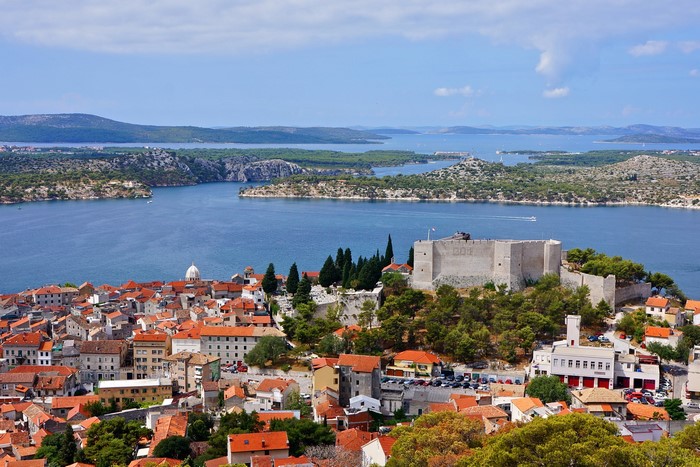 View of Sibenik, Croatia with the sea and islands