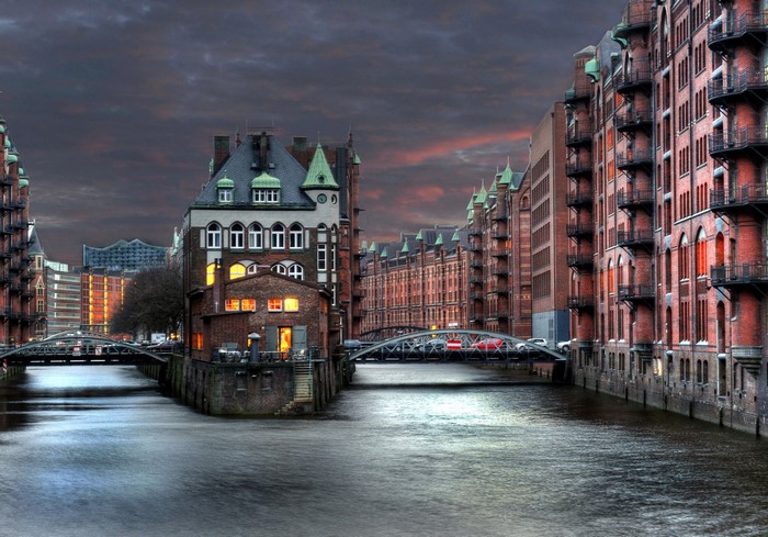 Speicherstadt Hamburg Germany at Dusk