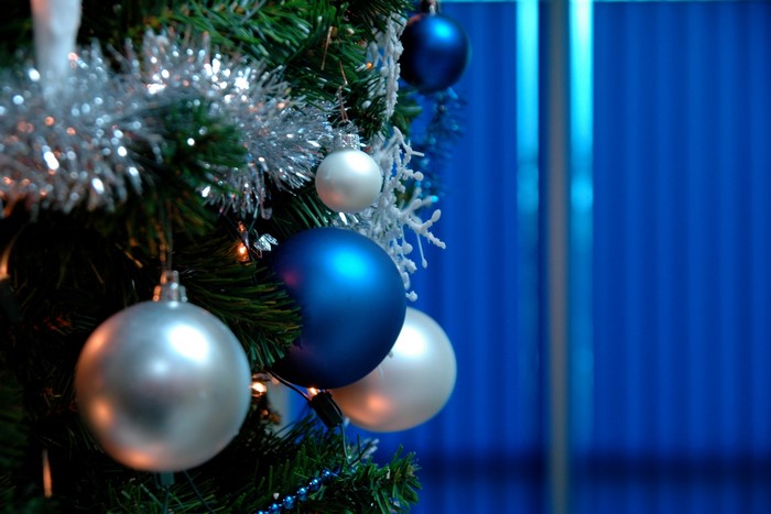 Christmas tree with blue and silver ornaments