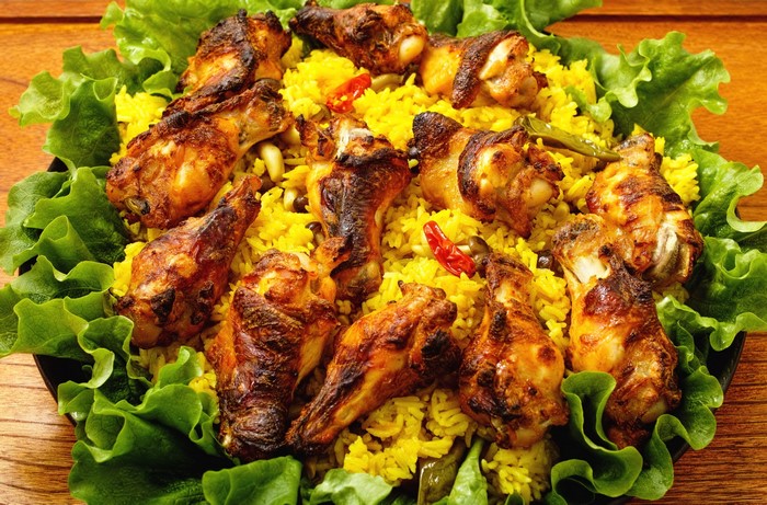 Roasted Chicken Wings with Yellow Rice and Lettuce