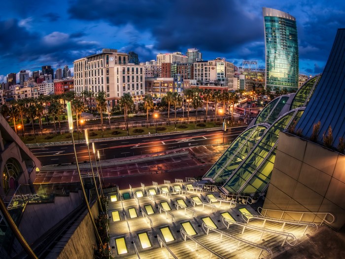 San Diego cityscape at night with modern architecture