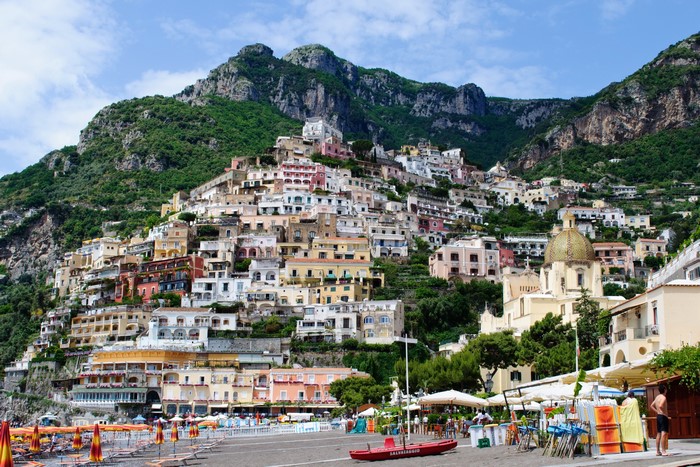 Positano, Italy houses on a mountain overlooking the sea