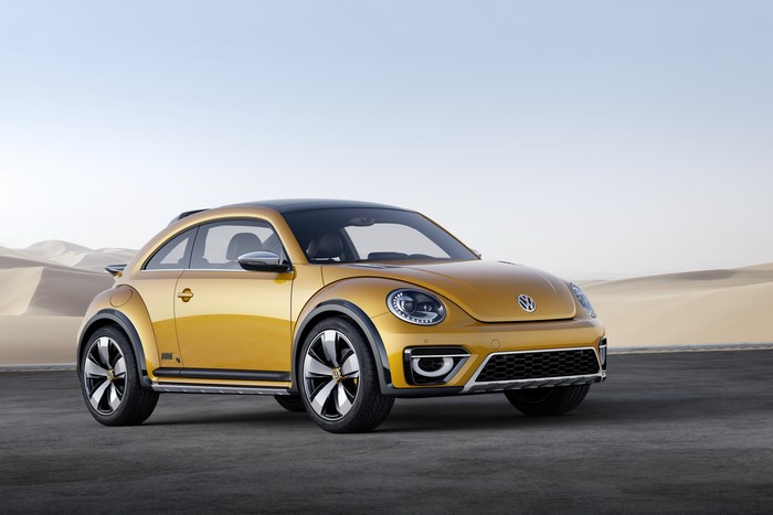 Yellow Volkswagen Beetle Dune concept car in desert