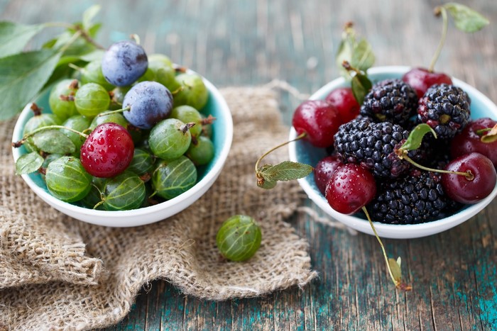 Bowls of fresh gooseberries, plums, cherries, and blackberries