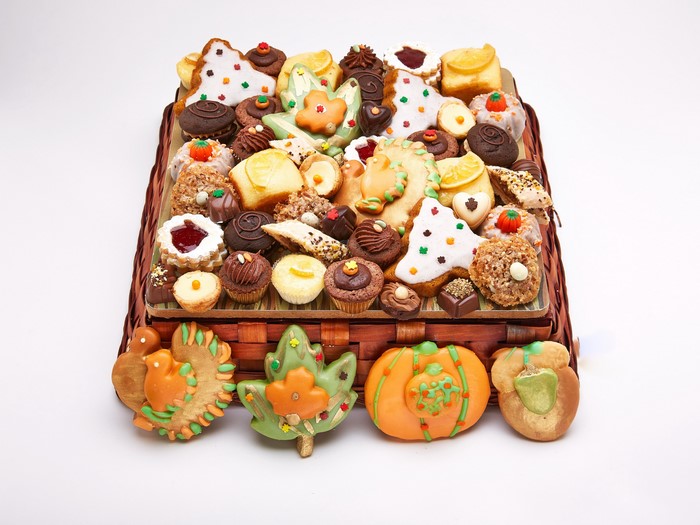 Assortment of festive cookies and pastries in a basket