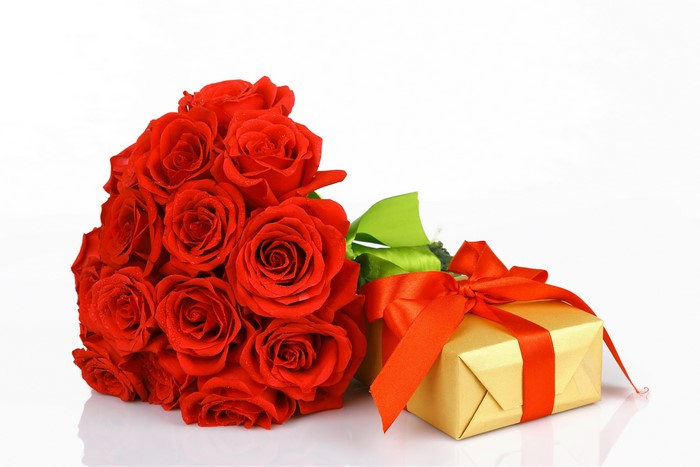 Red Roses Bouquet with Golden Gift Box and Ribbon