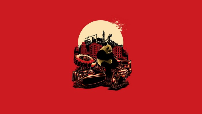 Panda sitting on a crashed vehicle with city in background