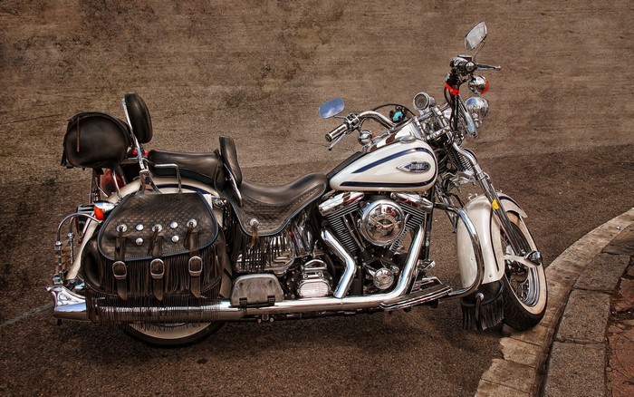 White and blue Harley-Davidson motorcycle with saddlebags